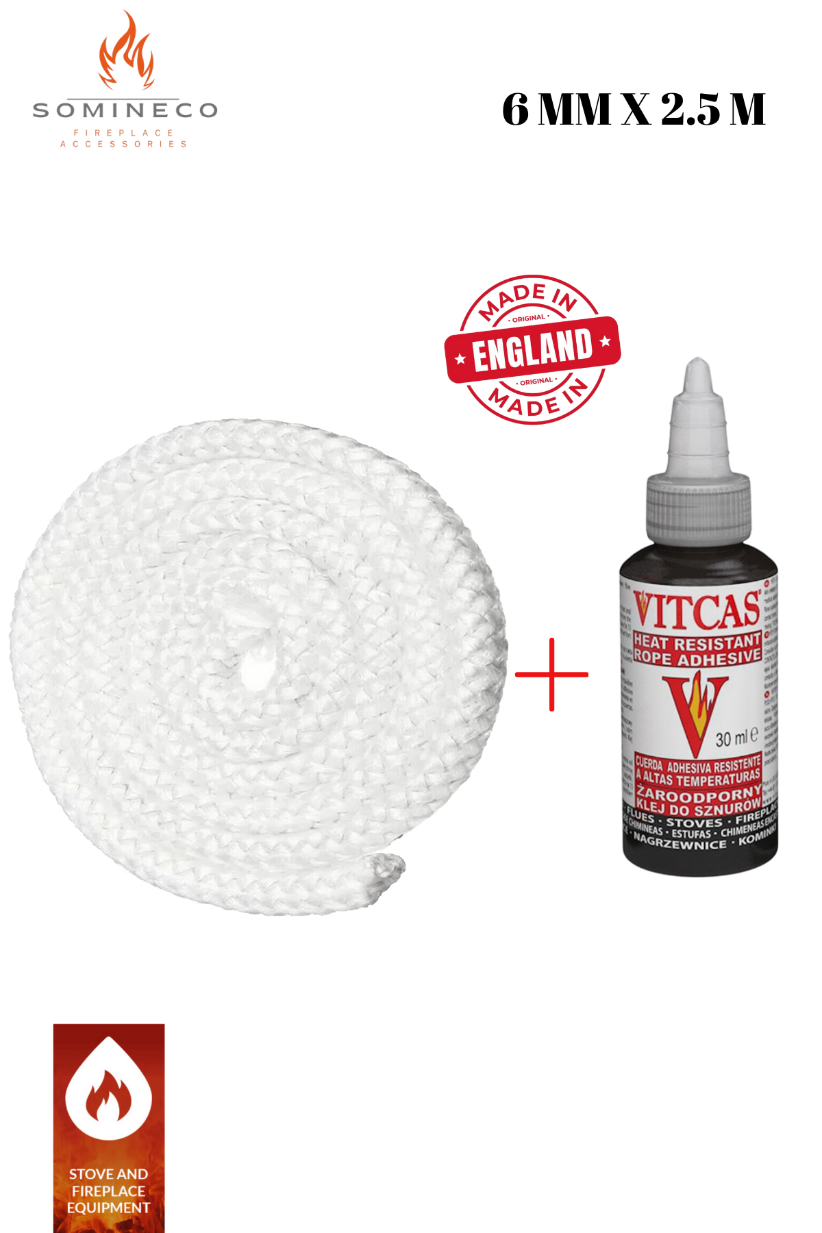 Ithal Fiberglass Beyaz Yanmaz Soba Şömine Fitili 2.5m + Fermit Yapıştırıcı 17 ml 