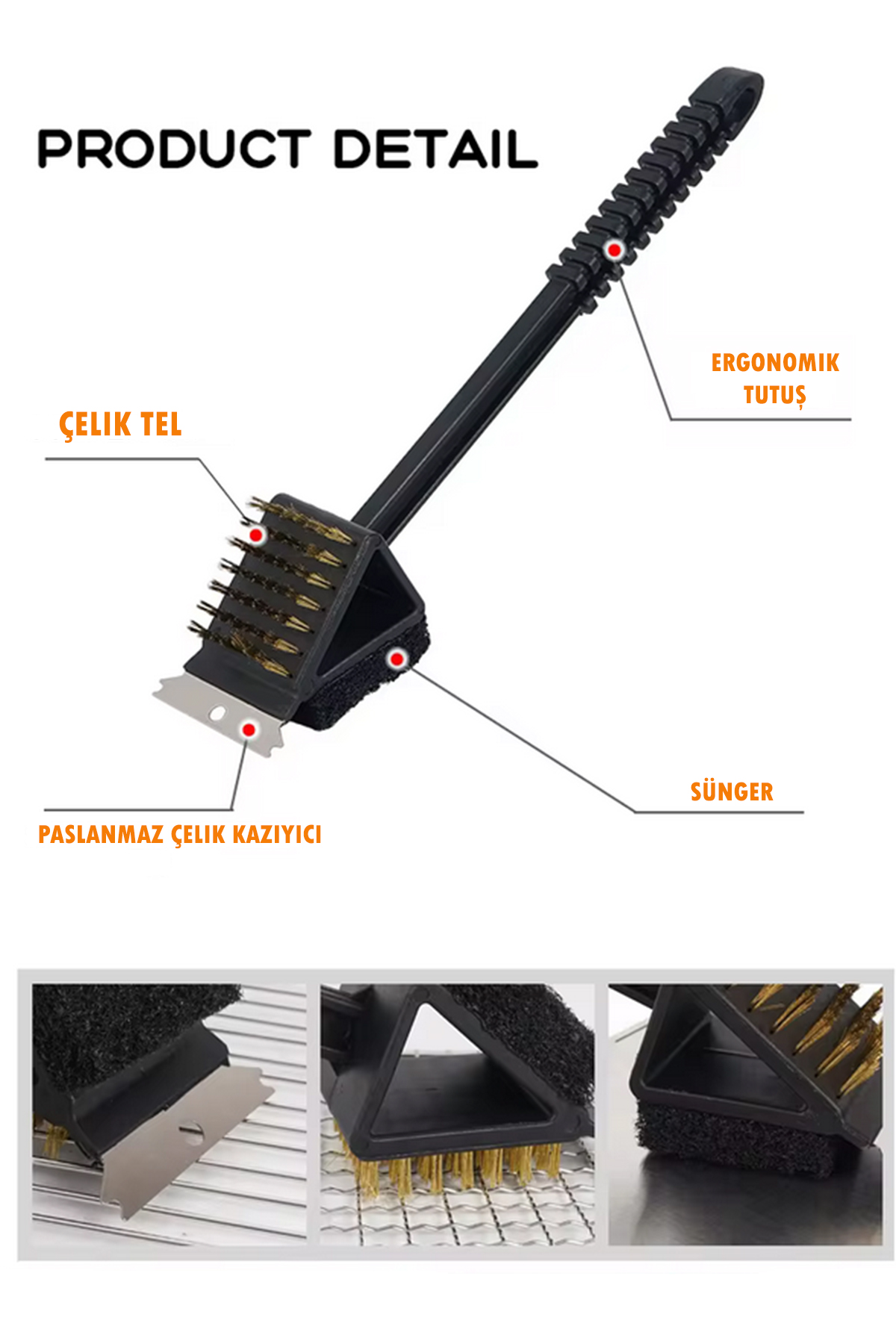3’ü 1 Arada Çok Fonksiyonlu Barbekü Izgara Temizleyici Kazıyıcı-Izgara Fırçası -Sünger Fırça 2672