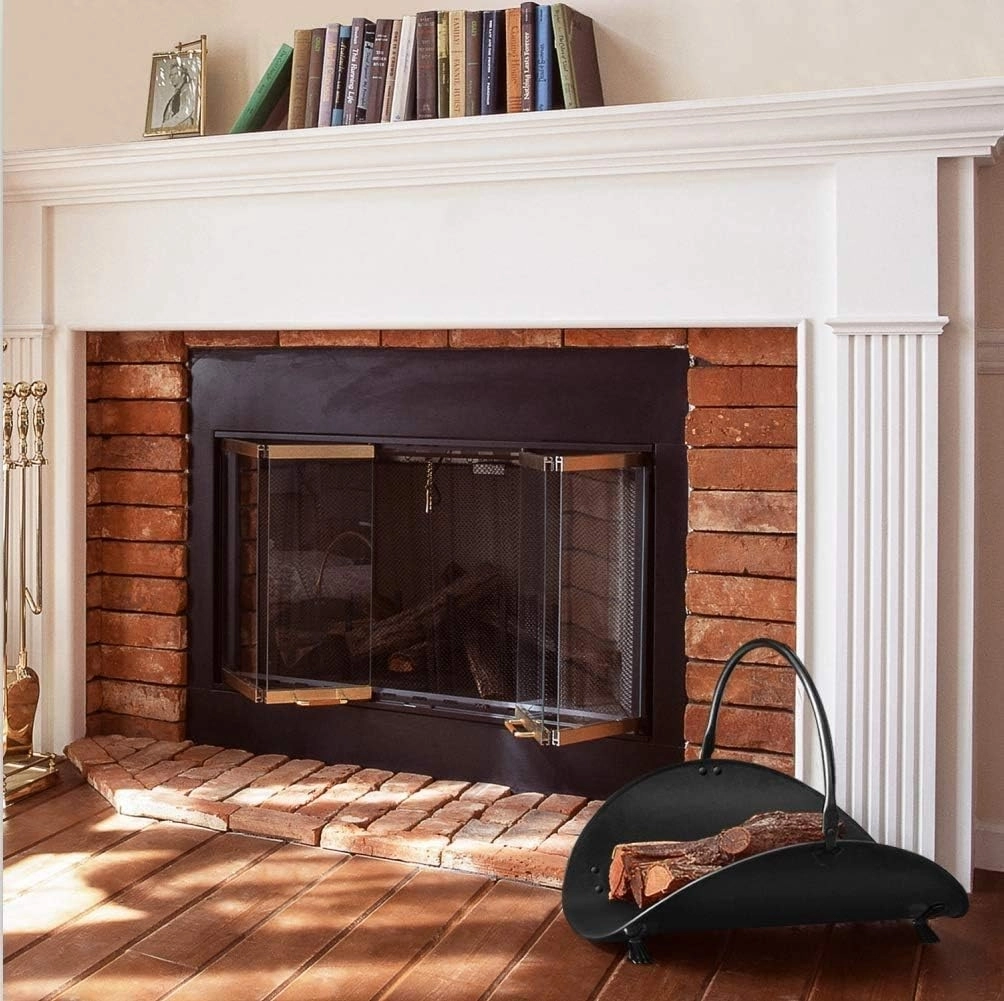 Metal Saplı Şömine Siyah Oval Odunluk Sepeti – 48 × 34 × 35 cm Firewood Basket