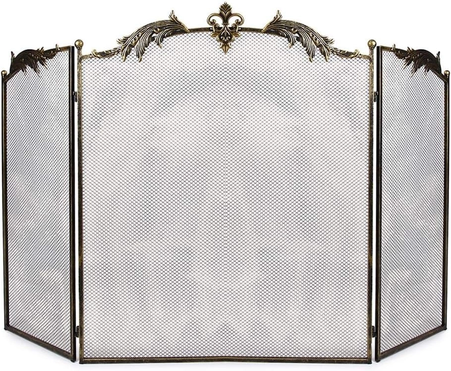 Metal Antik Gold Katlanabilir 3 Panel Şömine Siperlik 128x82 cm Kıvılcım Önleyici - Ateş Kalkanı