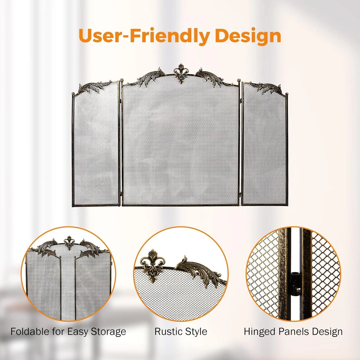 Metal Antik Gold Katlanabilir 3 Panel Şömine Siperlik 128x82 cm Kıvılcım Önleyici - Ateş Kalkanı