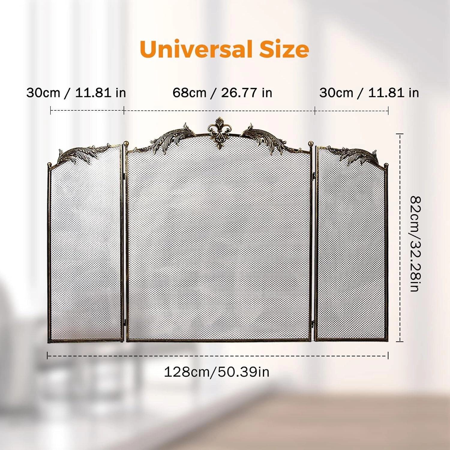 Metal Antik Gold Katlanabilir 3 Panel Şömine Siperlik 128x82 cm Kıvılcım Önleyici - Ateş Kalkanı
