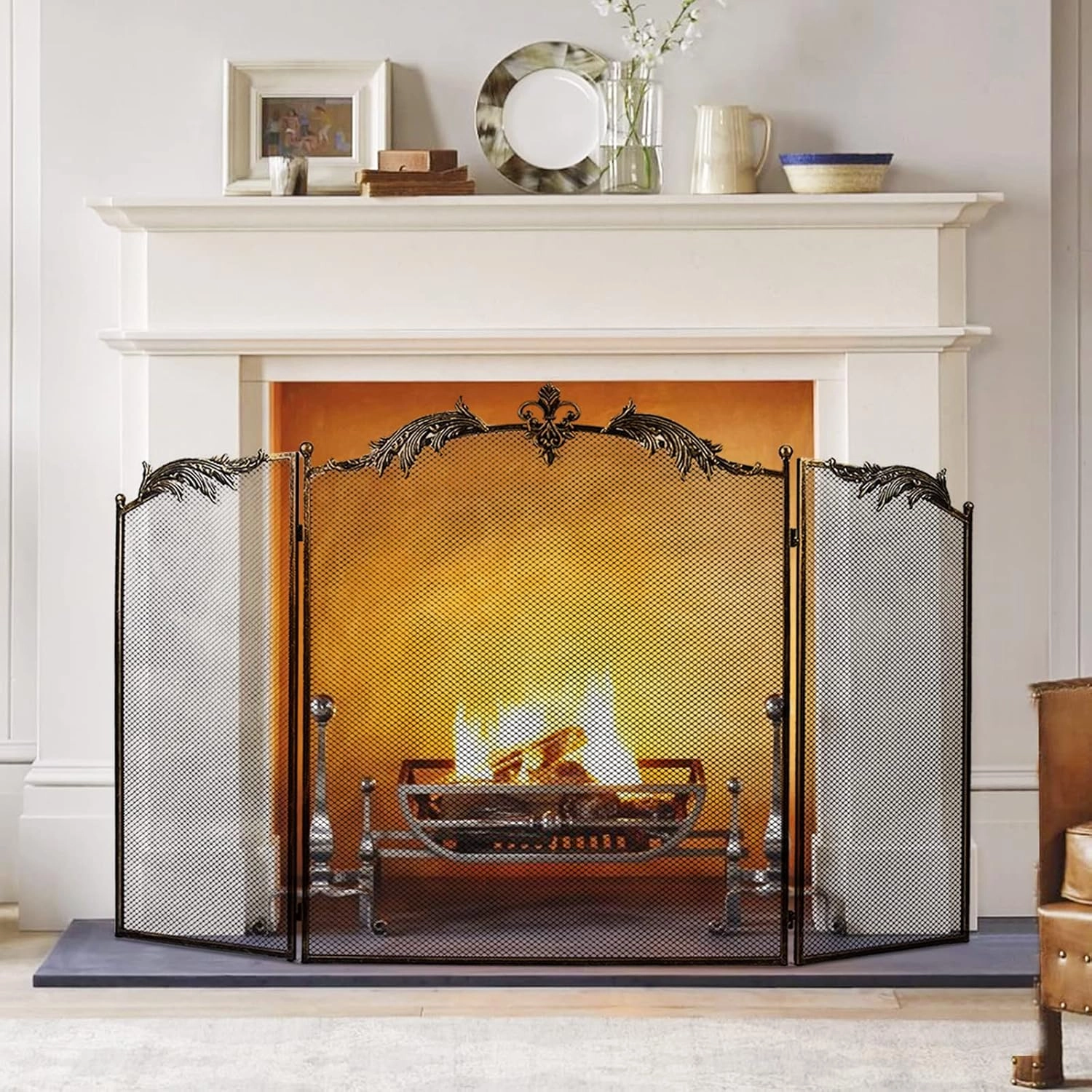 Metal Antik Gold Katlanabilir 3 Panel Şömine Siperlik 128x82 cm Kıvılcım Önleyici - Ateş Kalkanı