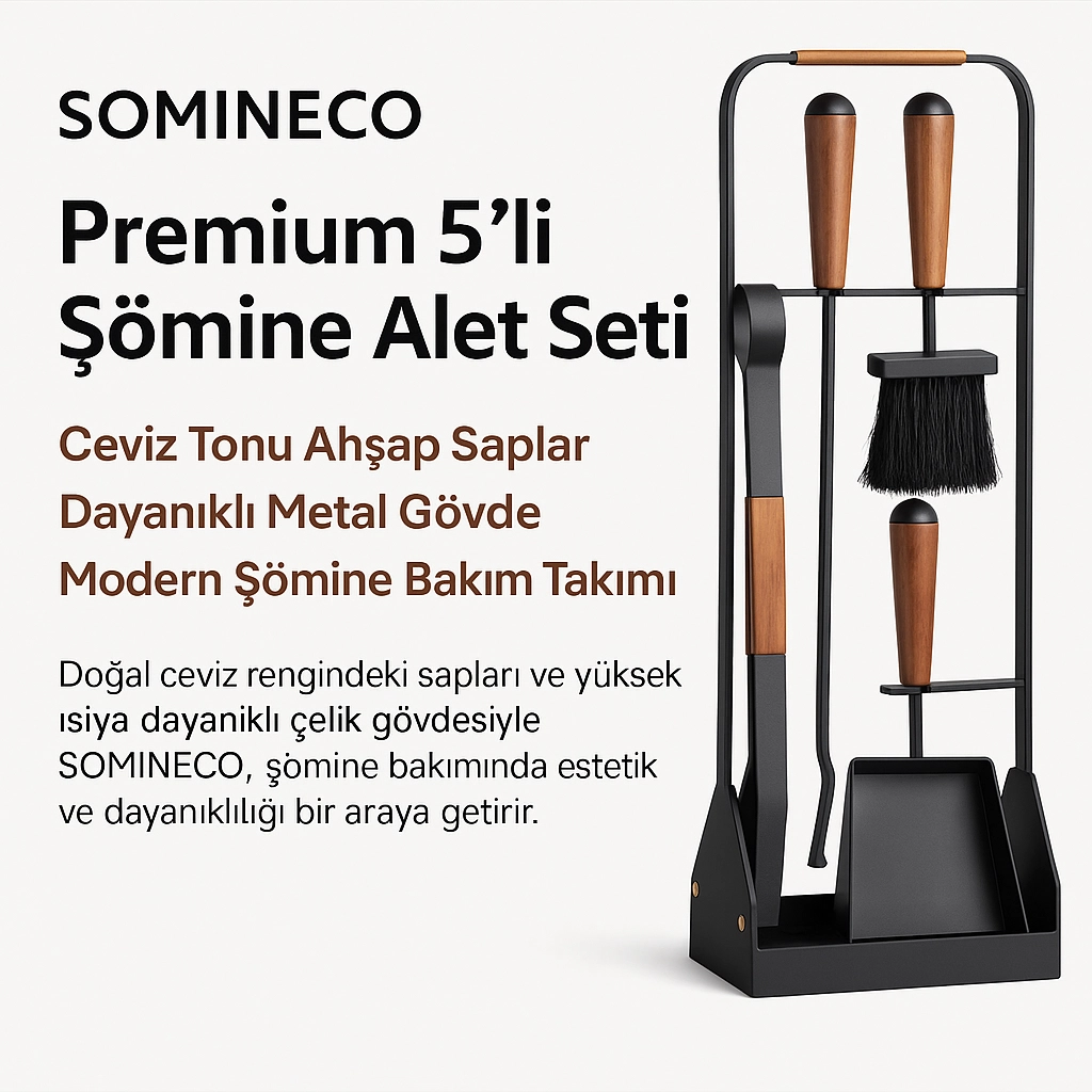 5 Parça Modern Ceviz Ahşap Saplı Metal Gövdeli Şömine Aksesuar Bakım Seti