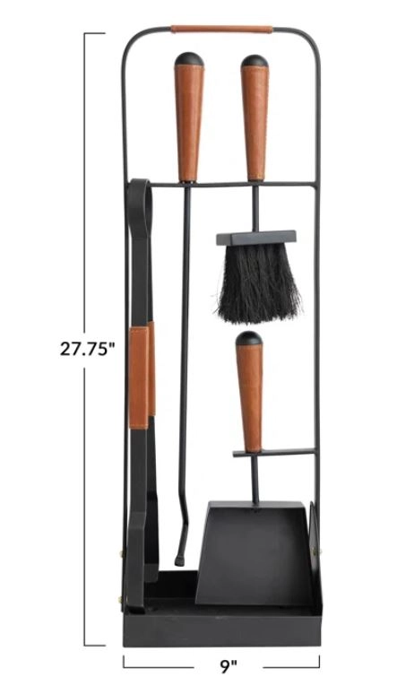 5 Parça Modern Ceviz Ahşap Saplı Metal Gövdeli Şömine Aksesuar Bakım Seti