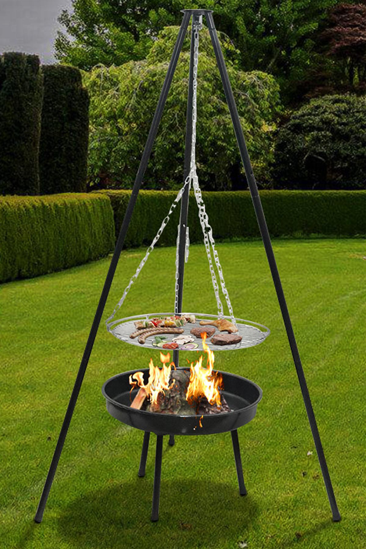 Paslanmaz Çelik Tripod Askılı Katlanır Kömür Barbekü Izgarası - Açık Hava Kullanımı İçin İdeal 23020