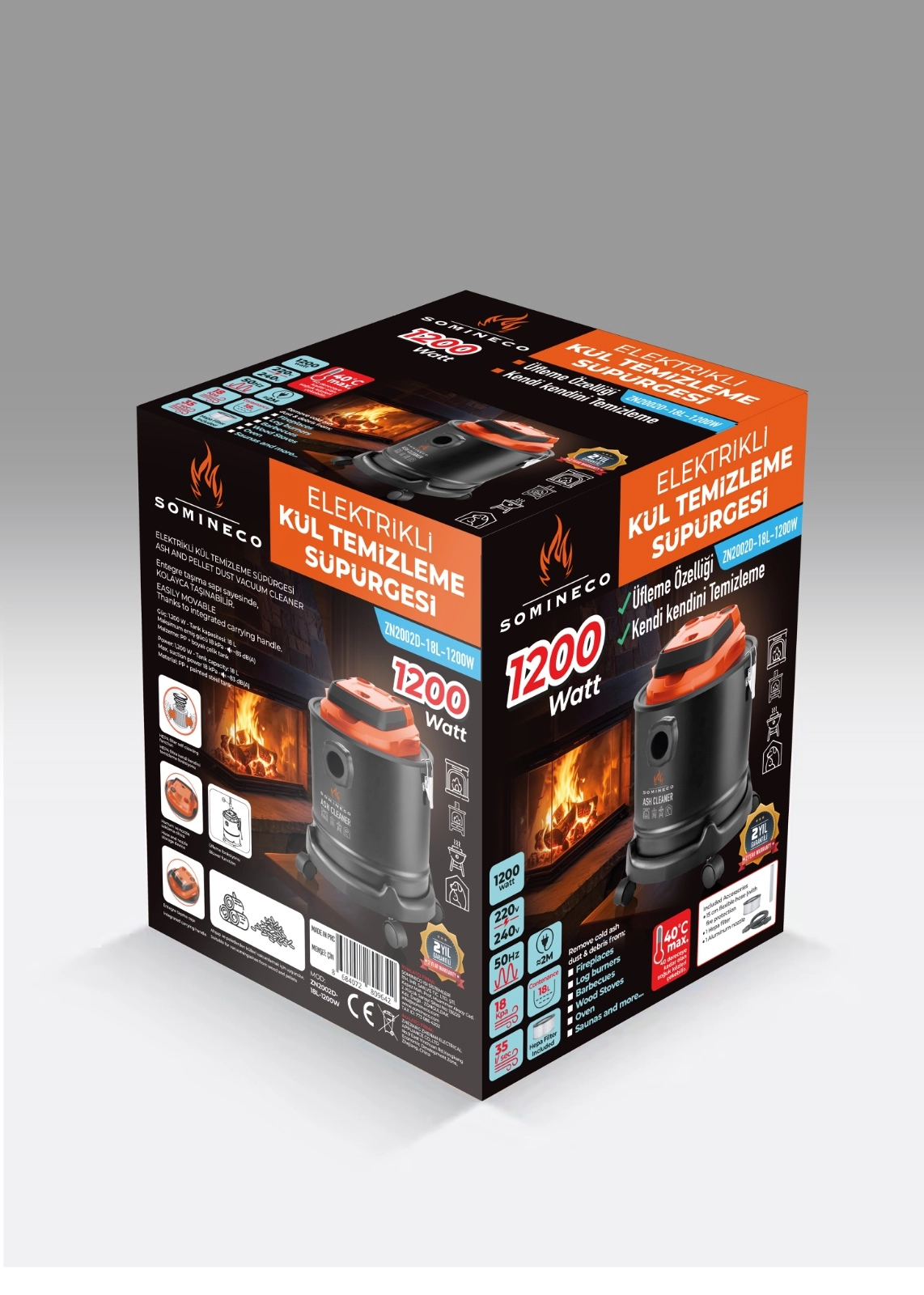 SOMINECO 1200W Çok Amaçlı Elektrikli Kül Temizleme Süpürgesi 18 L Metal Hazne–Şömine & Soba & Mangal