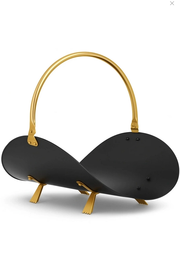 Metal Saplı Şömine Gold Oval Odunluk Sepeti – 48 × 34 × 35 cm Firewood Basket