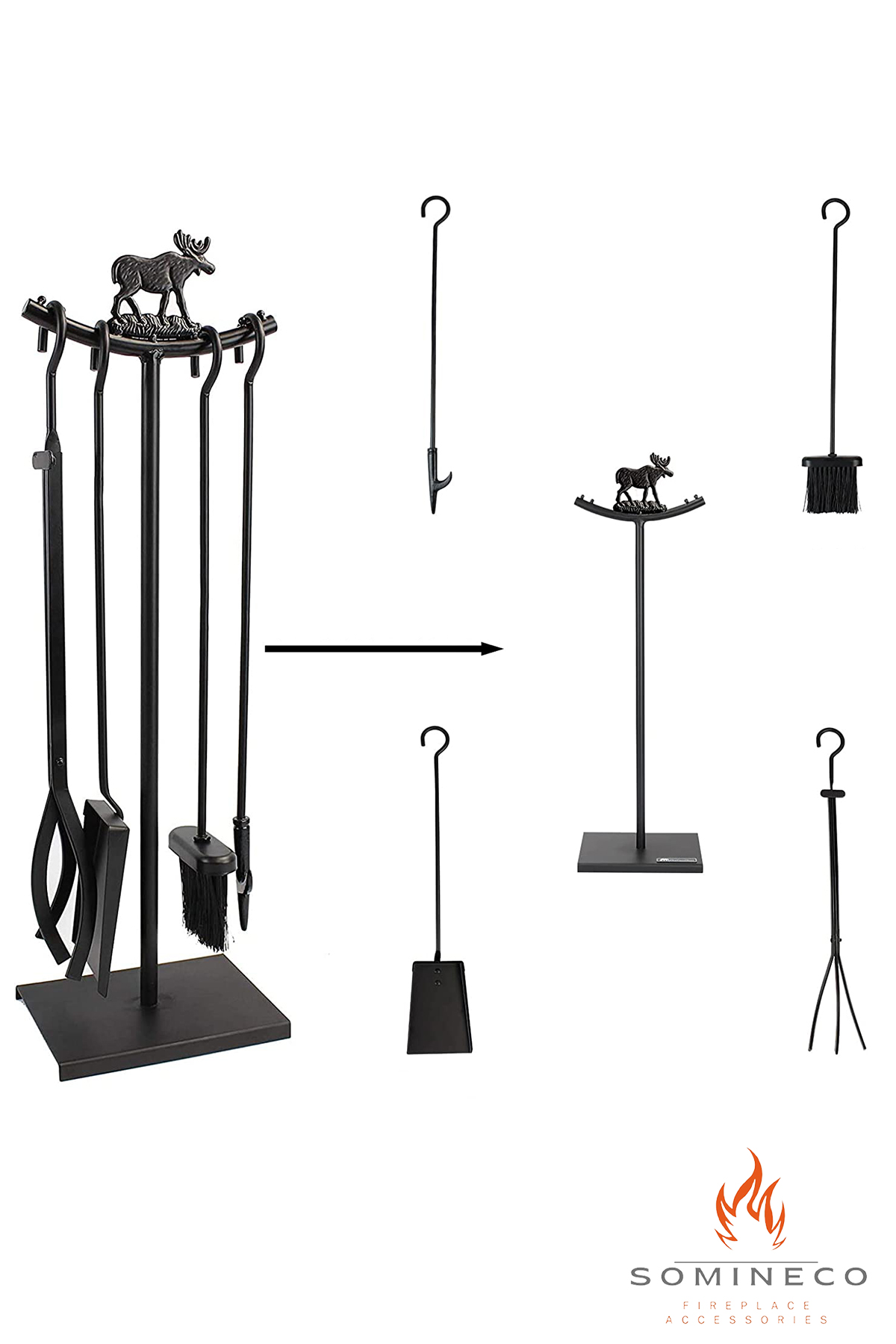 5 Li İthal Metal Geyik Motif Kabartmalı Şömine-Soba Maşa Takımı Aksesuar Seti