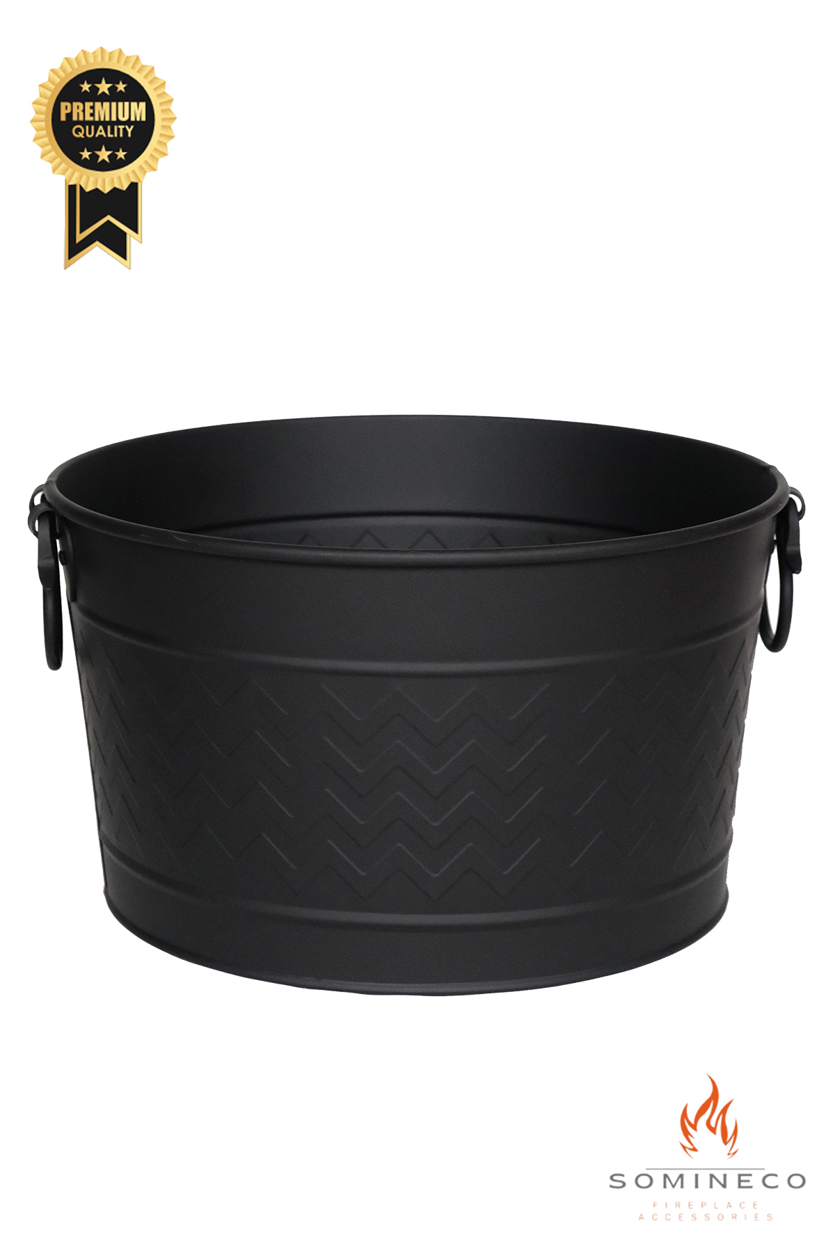 Metal Siyah Zigzag Desenli Yuvarlak Şömine-Soba Odun Depolama Saklama Kovası 43x36x25
