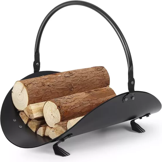 Metal Saplı Şömine Siyah Oval Odunluk Sepeti – 48 × 34 × 35 cm Firewood Basket