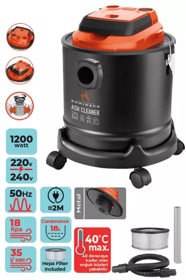 SOMINECO 1200W Çok Amaçlı Elektrikli Kül Temizleme Süpürgesi 18 L Metal Hazne–Şömine & Soba & Mangal