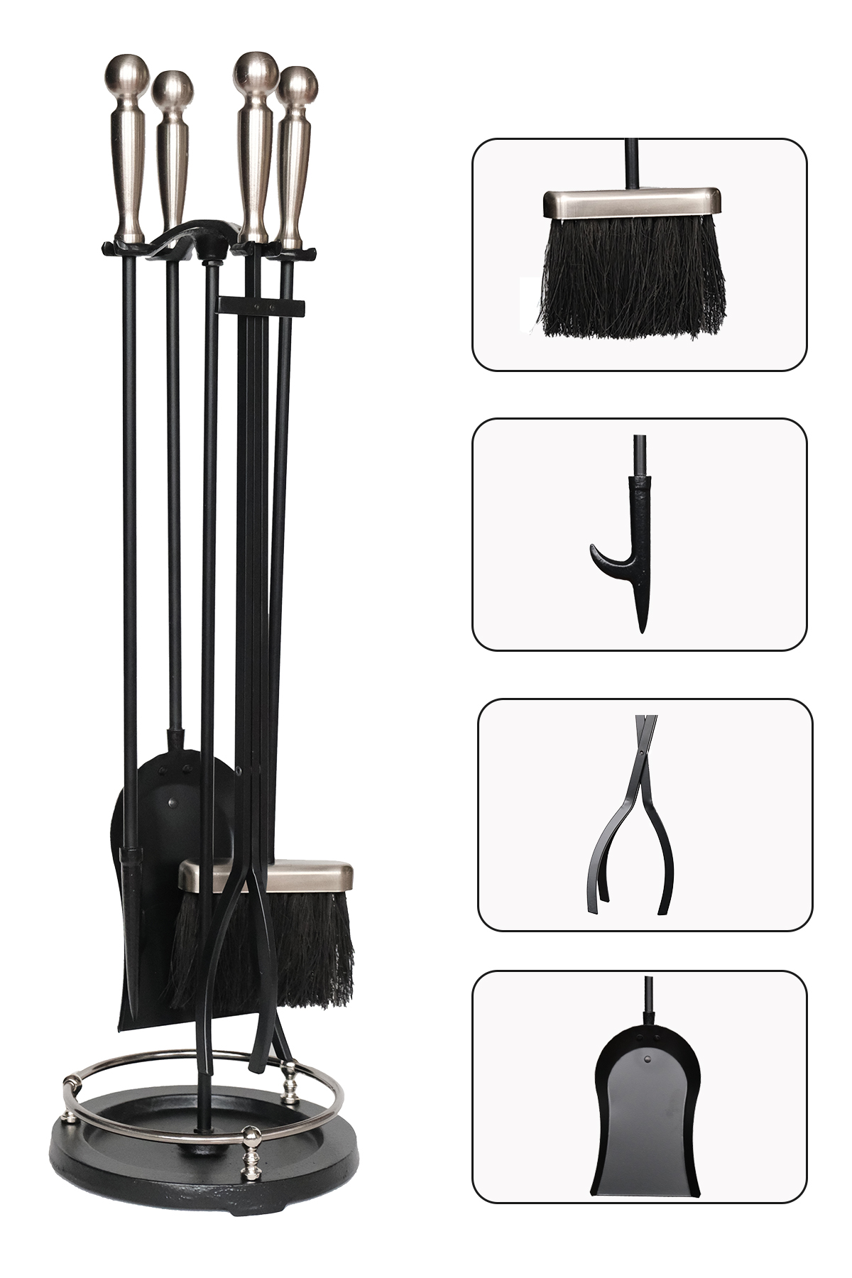 5 Li Premium İthal Döküm Gümüş Başlıklı Yuvarlak Şömine-Soba Maşa Takımı Aksesuar Seti SGY015