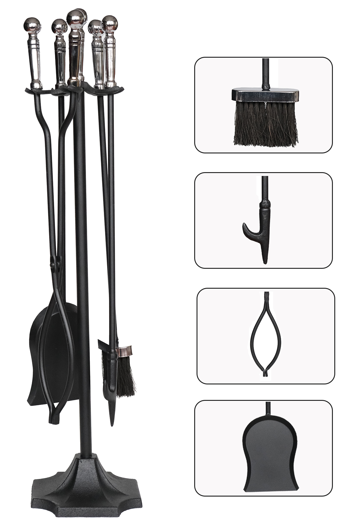 5 Li Lüx Ithal Gümüş Topuz Başlıklı Şömine-Soba Maşa Takımı Aksesuar Seti SS-005GS